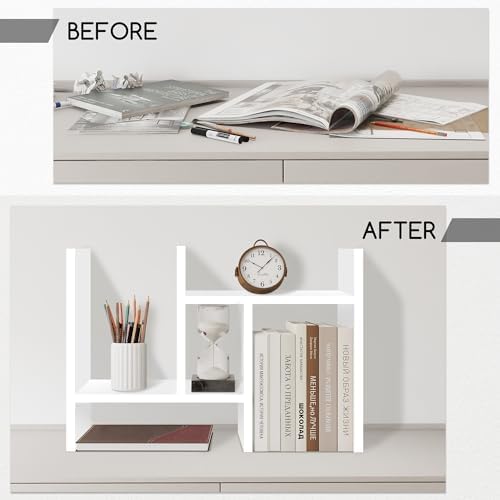 Jerry & Maggie Desktop Organizer Office Storage Rack Adjustable Wood Display Shelf Free Style Double H, Multi-Functional Mini Bookshelf for Desk Natural Stand (White) - Image 3