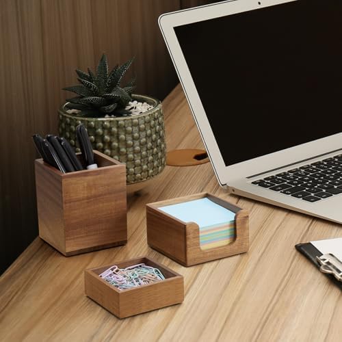 Desk Organizer Set of 3 - Acacia Wood Office Desk Accessories - Desk Organizers and Accessories for Women Men - Set incl. Pencil Pen Holder, Paperclip Storage and Sticky Note Holder - Image 4