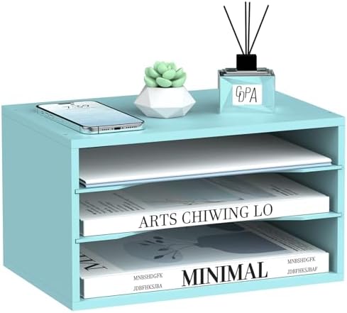 3 Tier Wood Desk Organizer, Mail Sorter and Paper Organizer for Desk, Blue by SUPEASY