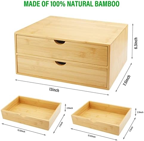 Charmewooden Bamboo Desk Organizer with Drawers, Countertop Organizer with Drawers Makeup Storage Drawer 2 Drawers Tabletop Storage Organization Box Home Office Workspace Bathroom Toiletries Supplies - Image 2