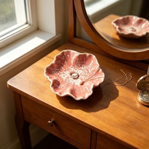 Pink Flower Ceramic Jewelry Dish - Rustic Glazed Trinket Tray for Rings Earrings, Boho Vanity Organizer for Bathroom Counter Nightstand Desk, Small Catch All Bowl for Keys Coins, Gift for Women - Image 6