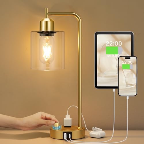 Innqoo Gold Table Lamp for Bedroom - Industrial Bedside Lamp with USB Port and Outlet, Fully Dimmable Nightstand Lamp with Clear Glass Shade, Small Desk Lamps for Home Office - Image 2