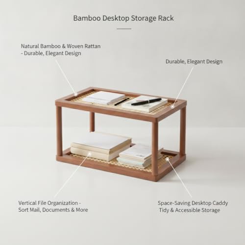 Natural Bamboo Desktop Organizer Rack, Vertical File & Mail Sorter for Office Desk or Kitchen Counter, Sturdy Open Shelf Storage (Brown) - Image 4