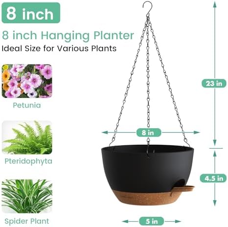 UOUZ 4 Pack 8 Inch Self Watering Hanging Planters for Indoor Outdoor Plants，Hanging Pots for Plants with Drainage Removable Tray, Hanging Baskets Flower Pots for Pothos Spider Garden Black with Brown - Image 3