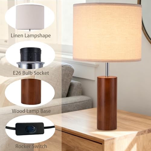lapupu 23.5" Wood Table Lamps Set of 2 for Living Room, Vintage Farmhouse Bedside Lamps for Bedroom, Large Round Desk Lamps for End Table Nightstand, Walnut Wood - Image 4