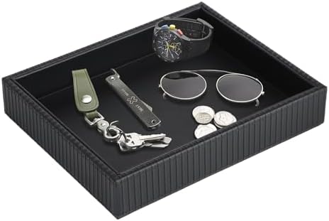 HofferRuffer Faux Leather Vanity Tray, Elegant Desktop Storage Organizer, Decorative Catchall for Perfume, Bathroom Valet, Nightstand or Dresser, 10.2 x 8.4 x 1.8 inches (Black Stripe) - Image 6