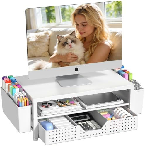 OPNICE Desk Organizers and Accessories, Computer Monitor Stand Riser with Drawer and 2 Pen Holders, Printer & Laptop Stand, Office Desk Accessories & Workspace Organizers for Home Office Supplies, White by OPNICE