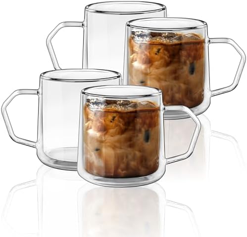 Double Wall Glass Coffee Mugs with Handle, 12oz Insulated Borosilicate Clear Cups for Latte Cappuccino Espresso Tea, Set of 4 by Unknown