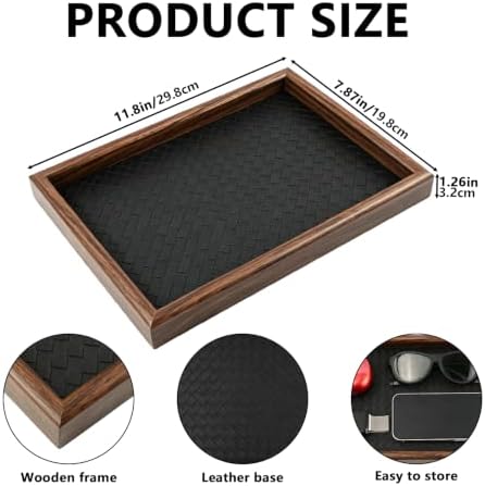 Wooden Valet Tray, 12X8 Inch Desk Organizer with Leather Base, Entryway Bedside Dump Holder for Wallets, Keys, Watches, Jewelry & Sunglasses(Black) - Image 2