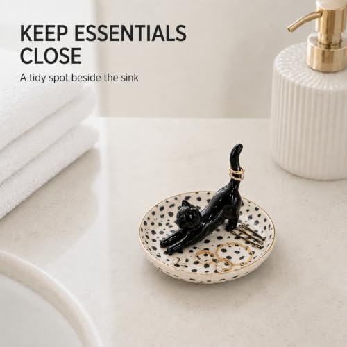 Ceramic Cat Ring Holder Dish, Black Polka Dots - Image 3