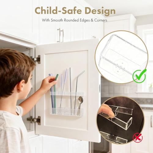 Acrylic Straw Holder for Cabinet Door - Child-Safe Organizer & Dispenser with Smooth Rounded Edges for Kitchen Accessories Storage, Adhesive Circles Included (Clear Transparent) - Image 3