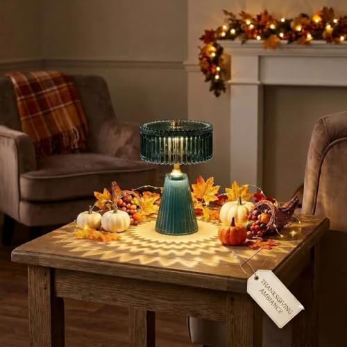 Cordless Glass Table Lamp - Small Battery Operated Lamp with 6H Timer, Vintage Fluted LED Battery Powered Lamps, Teal Glam Accent Nightstand Light for Bedroom, Bathroom, Patio (Teal+Small) - Image 5