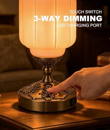 Vintage Touch Table Lamp, Milk Glass Shade with Metal Base, 3 Way Dimmable Desk Light with USB Charging Ports, Retro Lamp for Living Room Bedroom Bedside Nightstand - Image 3