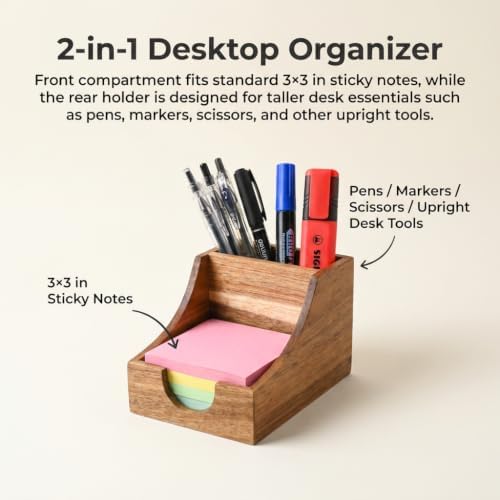 Acacia Wood Pen Pencil Holder 3x3 Inch Sticky Note Organizer - Image 2
