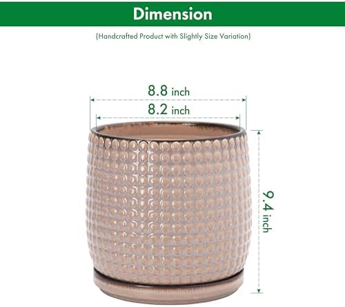 D'vine Dev Beaded Ceramic Pot with Saucer, 8 in, Light Brown, 27-C-Q-4 - Image 3