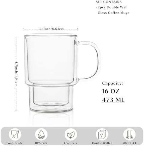 INSETLAN 16oz Double Wall Glass Coffee Mugs Set of 2, Insulated Borosilicate Cups with Handles, Clear Heat Resistant Glasses Mugs for Hot Beverages, Cappuccino, Espresso, Latte, Tea - Image 2