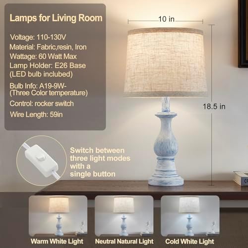 Table Lamps Set of 2, 18.5" Vintage Bedside Lamps for Bedroom Living Room - Image 3