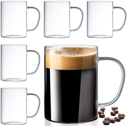 Le'raze Set of 6 Ultra Durable Sleek Glass Irish Coffee Mugs with Handle, Clear Borosilicate Glass Teacups, Mugs for Cappuccino, Latte, Tea Cups, Espresso, Hot Beverage, Dishwasher & Microwave Safe by LERAZE