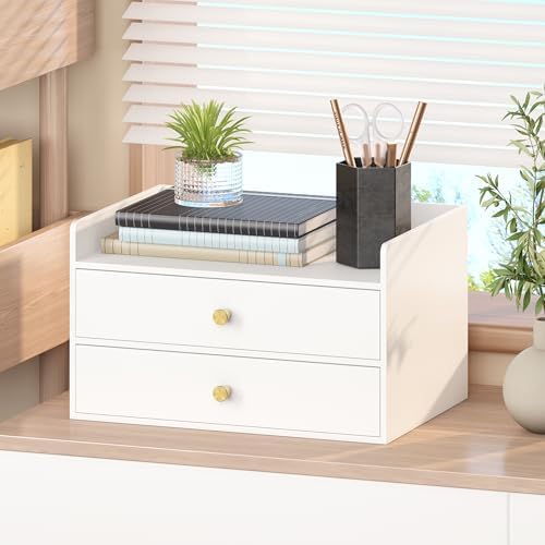 Wisuce Bamboo Desk Organizer with Drawers for Tabletop Storage (White with 2 Drawers) by Wisuce