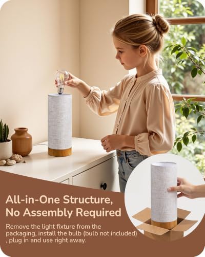 EDISHINE 9.85" Wood Table Lamp, Cylindrical Beige Linen Lampshade, E26 - Image 5