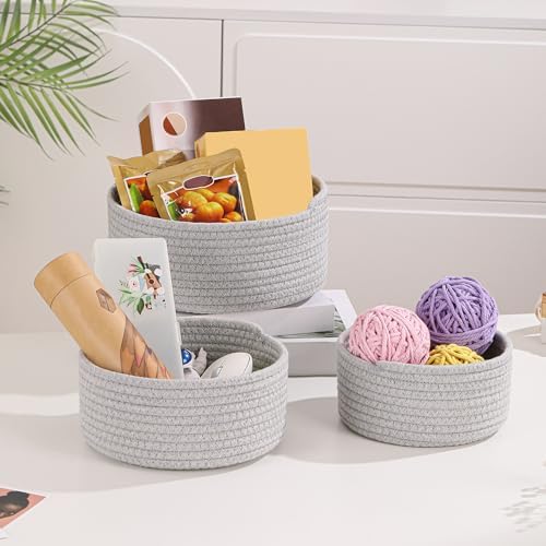 YMhoart Small Basket Cotton Rope Woven Baskets for Organizing Cute Mini Tiny Baskets for Nursery Decorative Boho Round Storage Bathroom Organization Bin Open Storage Bins(Grey) - Image 5