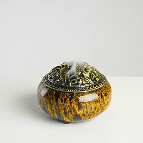 Incense Burner with Calabash Incense Stick Holder - Porcelain Charcoal Censer for Use with Resin Granular Powder Cone or Coil Incense (Kiln-Colored Yellow) - Image 2