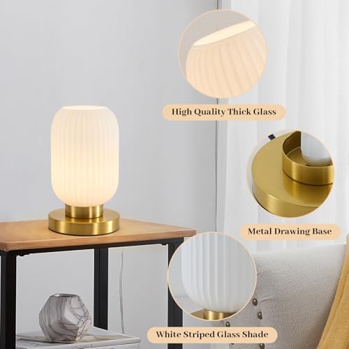 White Glass Table Lamp,Vintage Gold Base Ribbed Bedside Lamp - Image 5