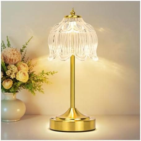 Cordless Table Lamp, Rechargeable Clear Glass Lotus Flower Lamp by Unknown