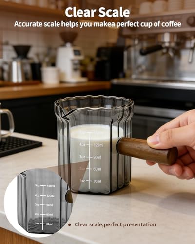 Espresso Measuring Cup 5 Oz, Espresso Glass Cups with Wood Handle, Milk Frothing Cup, Espresso Cup for Coffee, Milk, Tea or Maple Syrup Serving (Gray, 5 oz) - Image 4