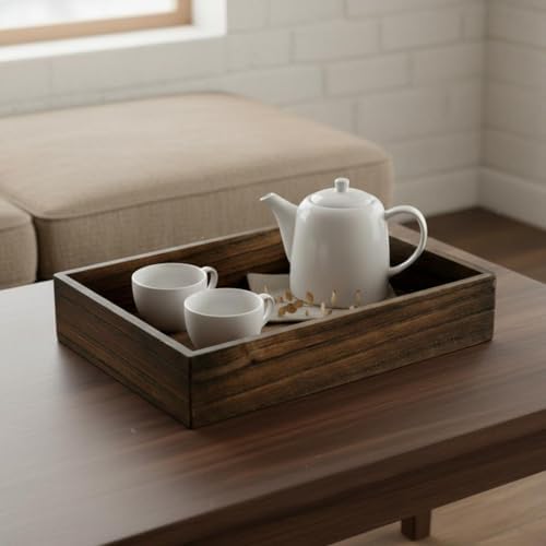 kowaku Rectangular Tray Wooden Serving Tray Table Organizer Aged Wood Look with Sides Minimalist Form Suitable for Cups Snacks Coasters Coffee Table Sideboard Lounge, Dark Brown with Support Legs - Image 6