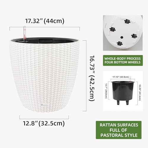 Dexceder 18x17 Self Watering Planter with Wheels (Ivory White Rattan) - Image 3