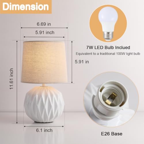 Somniferous Ceramic Bedroom Table Lamps Set of 2, Small Bedside Lamp, White Lamp with Linen Shade, Mid Century Modern Nightstand Lamp for Bedroom Living Room Office, 7W LED Bulb Included - Image 3