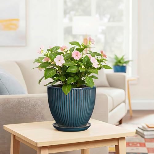 Ceramic Plant Pots, 8 Inch Planters for Indoor Plants, Decorative Flower Pots with Drainage Hole and Saucer, Round Planter, Indoor Flower Pot, Modern Home Decor, Plant Lover Gifts, Retro Blue - Image 6