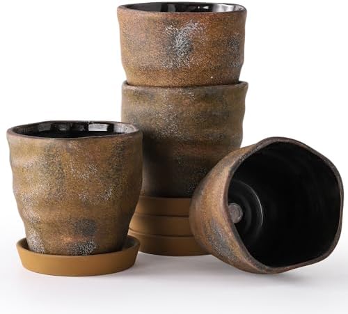 Modern Irregular Ceramic Planter Set of 4, 4 Inch Small Unique Reactive Glaze Flower Pots with Drainage Holes & Saucers - Indoor Outdoor Decorative Succulent Orchid Pots- Brown by Unknown