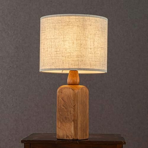 18in Farmhouse Traditional Natural Brown Solid Wood Base Table Lamp with Beige Fabric Shade for Bedroom Living Room - Image 2