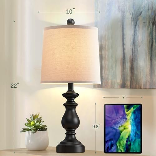 PARTPHONER Traditional Table Lamp Set of 2, Rustic Farmhouse Table Lamps for Living Room Bedroom, 22" Bedside Desk Lamps Vintage Nightstand Lamps with Linen Shades, Black - Image 4