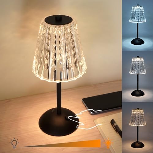 Cordless Table Lamp, 4000mAh Rechargeable Battery Operated Lamp, 3 Color Modes & Stepless Dimmable LED Touch Lamp, Portable Crystal Metal Beside Lamps for Bedroom Restaurant Outdoor(Black) by Amingulry