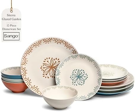 Sango 12-Piece Speckled Stoneware Dinnerware Set for 4- Glossy Plates and Bowls Set with Hand-Painted Floral Pattern, Rustic Ceramic Dish Set, Elegant Dishes for Everyday Dining, Siterra Glazed Garden by Sango