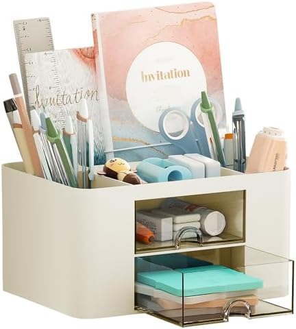 Marbrasse Pen Organizer with 2 Drawer, Multi-Functional Pencil Holder for Desk, Desk Organizers and Accessories with 5 Compartments + Drawer for Office Art Supplies (Beige) by Marbrasse