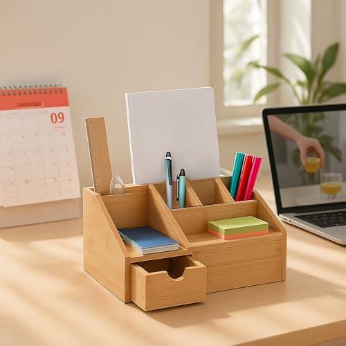 Relaxdays Desk Organiser with Drawer, 6 Compartments, Natural - Image 2