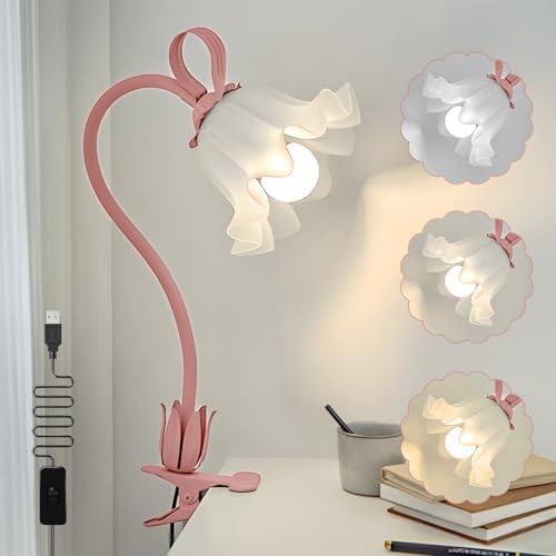 Clip On Light and Flower Bedside Table Lamp, Flexible Gooseneck Reading Book Light with 3 Color Modes, Night Light for Kids Nursery, Clip on for Desk, Bed Headboard, Dorm (Pink) by ONXEBornforqualityNeverWasteYourMoney