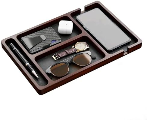 Wooden Valet Tray with Leather Inlay, Office Desk Organizer Tray, Nightstand Storage Tray, Multi-Purpose EDC Jewelry Storage Tray for Keys, Wallet, Watch, Phone & Earbuds (wood) by Unknown