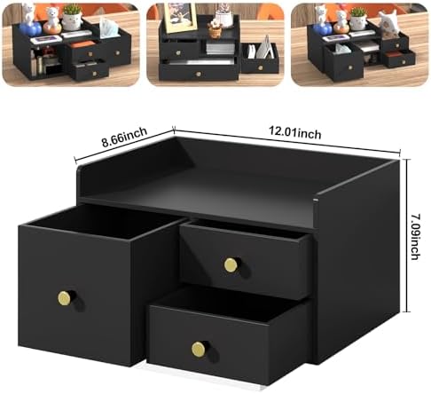 Bamboo Desk Organizer with Drawers,Wooden Desktop Storage (Black,3 Drawers) - Image 2