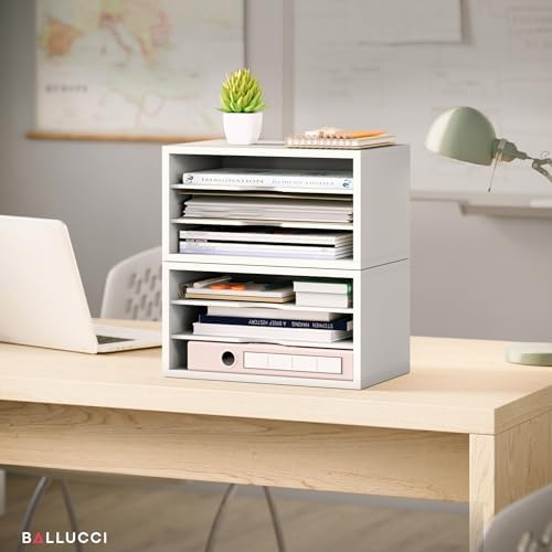 Ballucci File Organizer, 3-Tier Document Paper Sorter, Stackable Wood Desk Organizer, Mail Sorter and Monitor Stand with Storage Shelves, White - Image 6