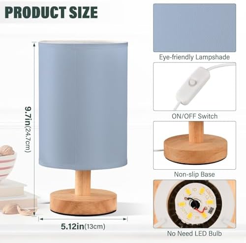 DOMIKING Lignt Blue Pattern Bedside Table Lamp for Bedroom Small Lamps for Nightstand Lamp with Fabric Linen Shade LED Desk Lamps for Living Room Dorm Nursery Home Office - Image 3