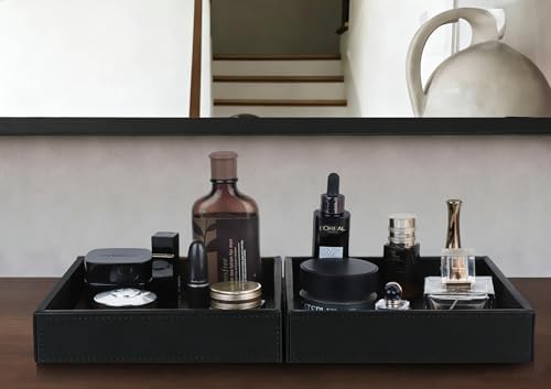 HofferRuffer Faux Leather Vanity Tray, Elegant Desktop Storage Organizer, Decorative Catchall for Perfume, Bathroom Valet, Nightstand or Dresser, 8 x 8 x 1.8 inches (Black) - Image 3