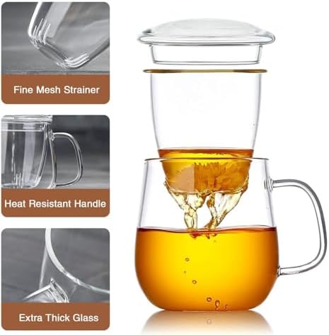 DOPUDO Glass Teacups 2 Pack Glass Tea Cup with Infuser and Lid, 17.6oz/520ml Large Borosilicate Teacup,Tea Clear Mug Cup for Loose Leaf Blooming Tea, Microwave & Dishwasher Safe. - Image 4