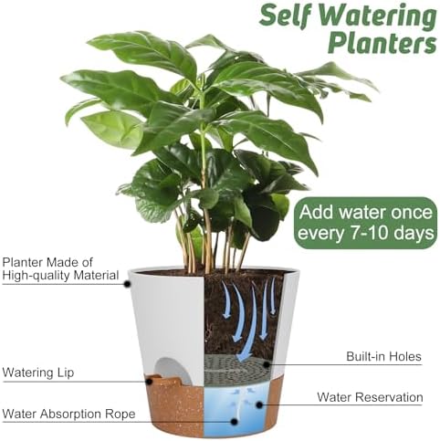 YNNICO 10 inch Plant Pots, Self-Watering Planters with Drainage Holes & Saucers for Indoor and Outdoor Plants (2-Pack,White - Image 5