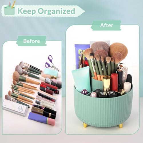 SKYDUE 360 Degree Rotating Desk Organizer, Dual-Purpose Pencil Pen Holder for Desktop, Rotating Desk Pen Organizer with 5 Slots, Pencil Cup for School, Home, Office Supplies (Bean Green) - Image 4