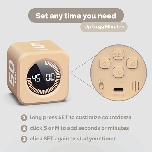 KADAMS Timer Pomodoro - Productivity Pomodoro Cube, 5/10/25/50 Min Countdown & Countup, Silent – for Work Study Workout Kitchen School Classroom Office ADHD Gift Kids (1, Light Mocha) - Image 5